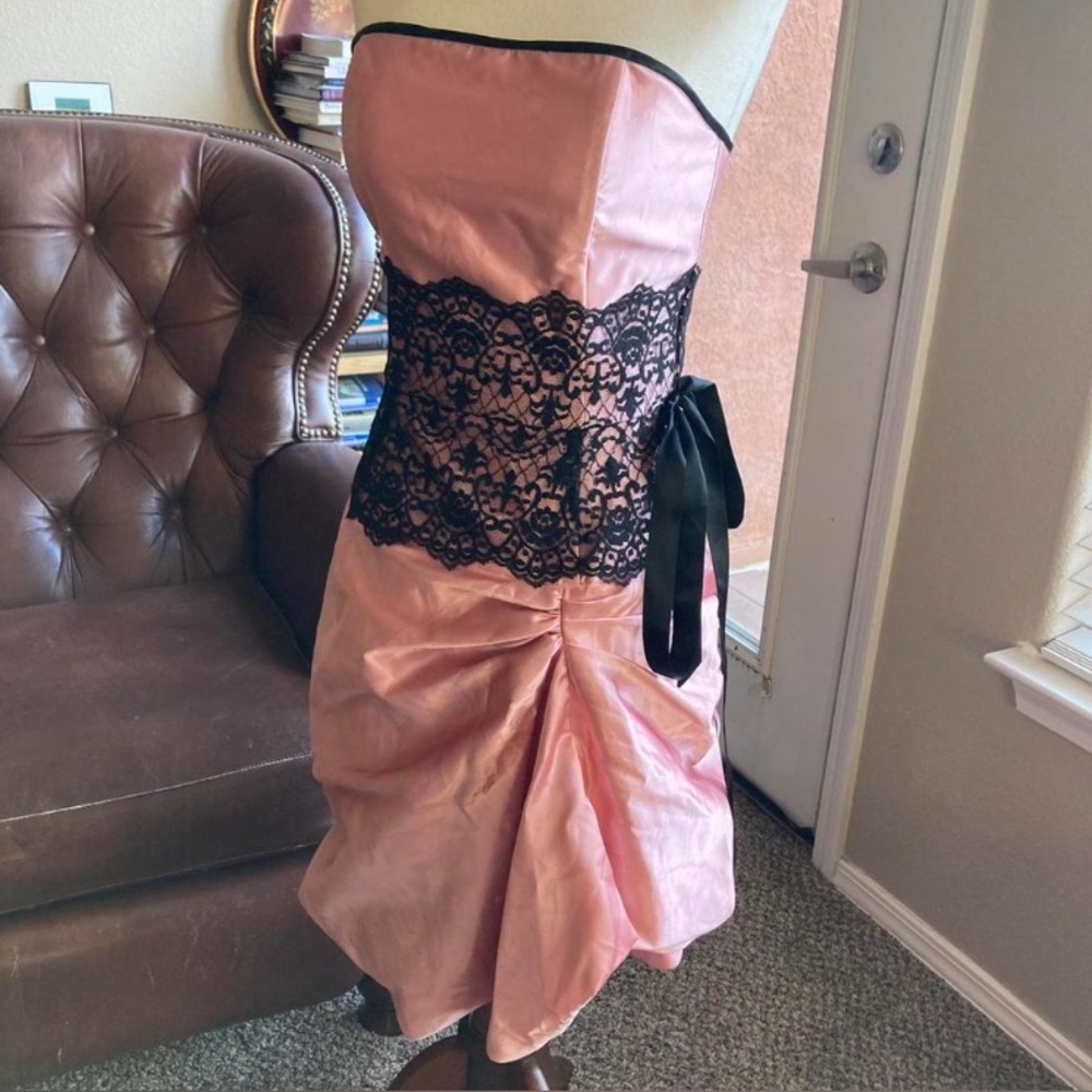 Jessica McClintock Pink Strapless Dress with Black Lace